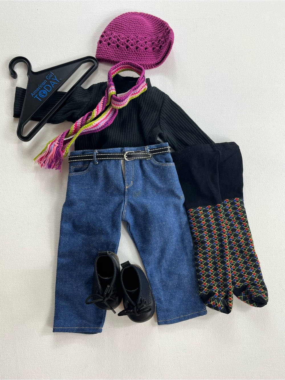 Retired American Girl Doll Outfit Turtleneck Hat Scarf Boots Tights Hanger Pants